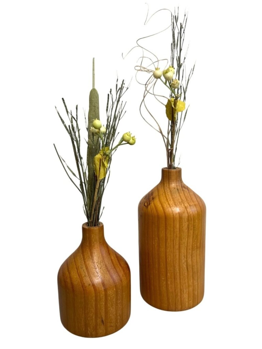Set of 2 Turned Wood Bud Vases Dried Floral Arrangements MCM Boho Decor